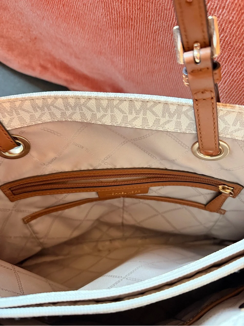 Michael Kors Beige Signature MK Tote with Brown Leather Straps
